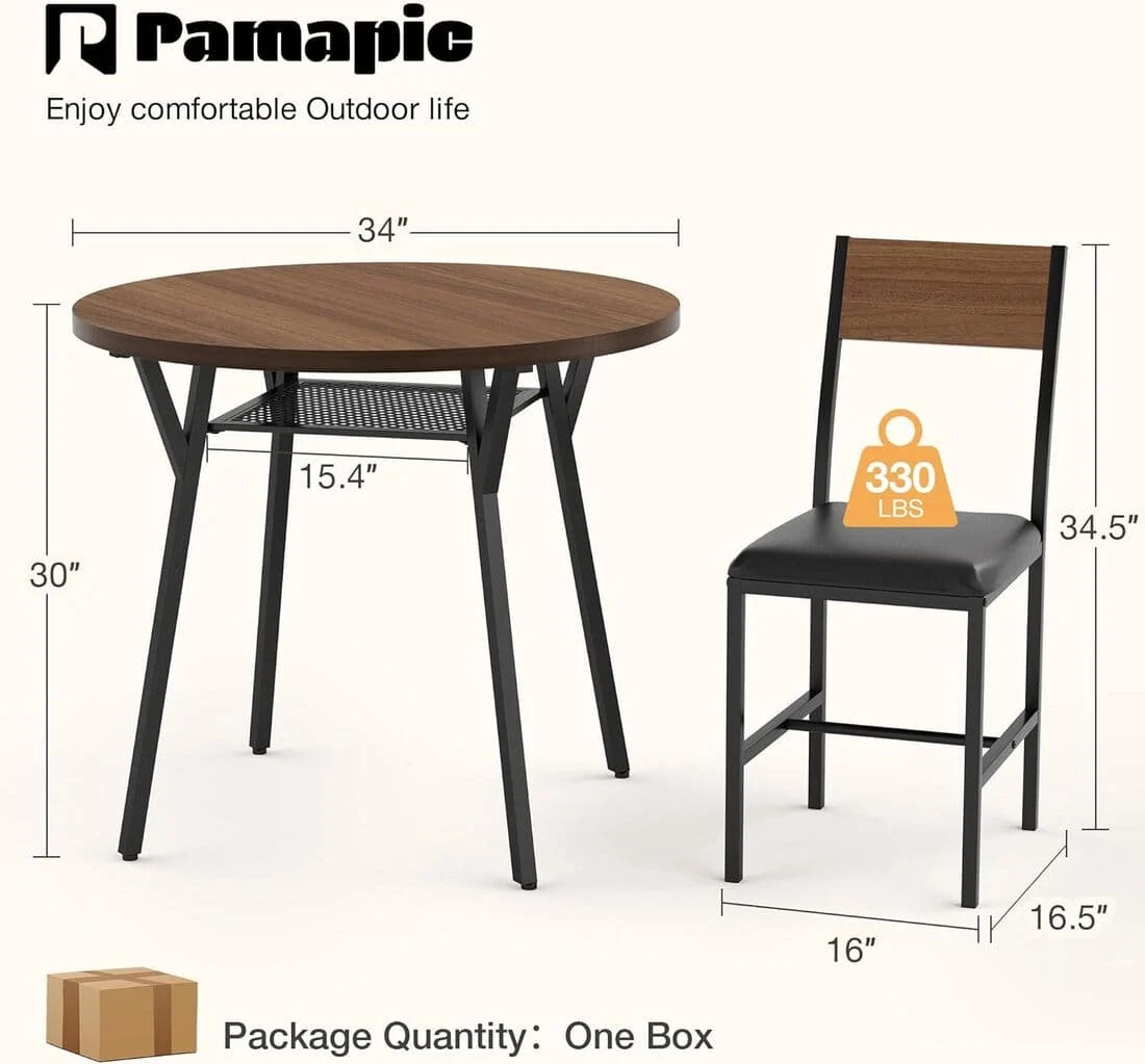 Pamapic Modern Round Dining Table Set for 4 with Meta Frame, Walnut — image 2