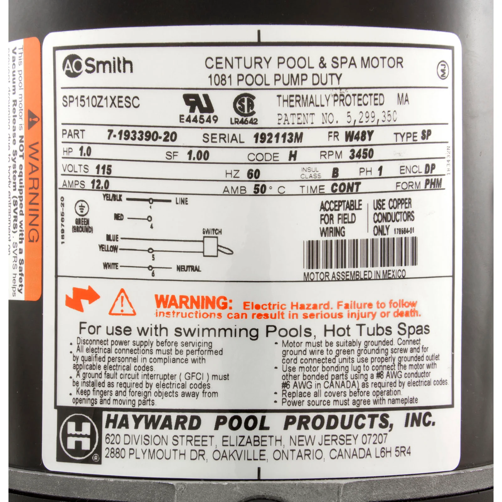 Motor, AO Smith, 1.0hp, 1-Spd, w/Switch, Matrix — image 3