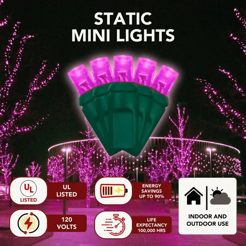 LED Mini Lights 5MM Pink Static Green Wire 6" Spacing — image 2